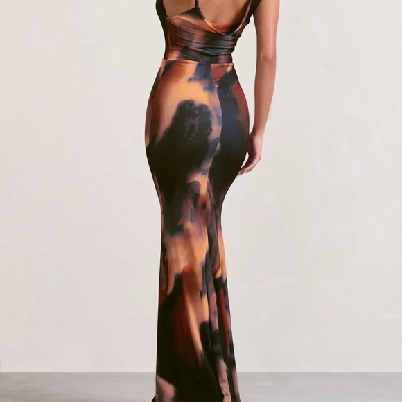 CLUB L London Phantasy Orange Smoke Print Asymmetric Cowl Maxi Dress size 2 NWT - Picture 12 of 13